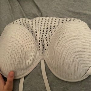 Size 38 DD white crotchet bikini top, Size 38 DD blue ribbed bikini top